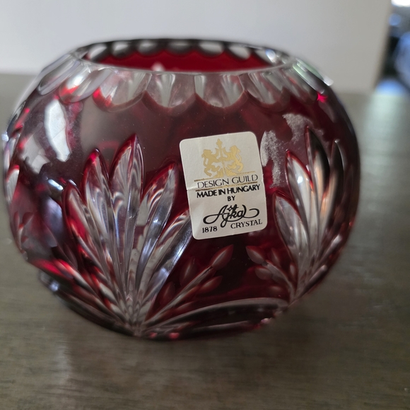 AJKA Other - Bohemian Odessa Cranberry Red Cut to Clear Crystal Glass Rose Bowl Vase
